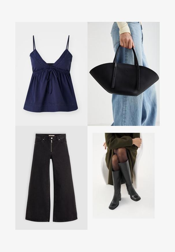 Marineblå ermeløs topp med V-hals, rynket midje og justerbar knytning. Har dekorativ søm langs halslinjen og kanten.; Vide benbukser i sort denim med glidelås i front, fem-lomme design og subtile sømdetaljer. Glatt tekstur og avslappet stil.; Knæhøye sorte lærstøvler med firkantet tå og blokkhelt, vist med en modell som sitter iført en olivengrønn kåpe. Glatt tekstur, minimal detaljering.; Svart skinnveske med en unik vifteform, med flate håndtak. Overflaten har en pebblelignende tekstur og et minimalistisk design.