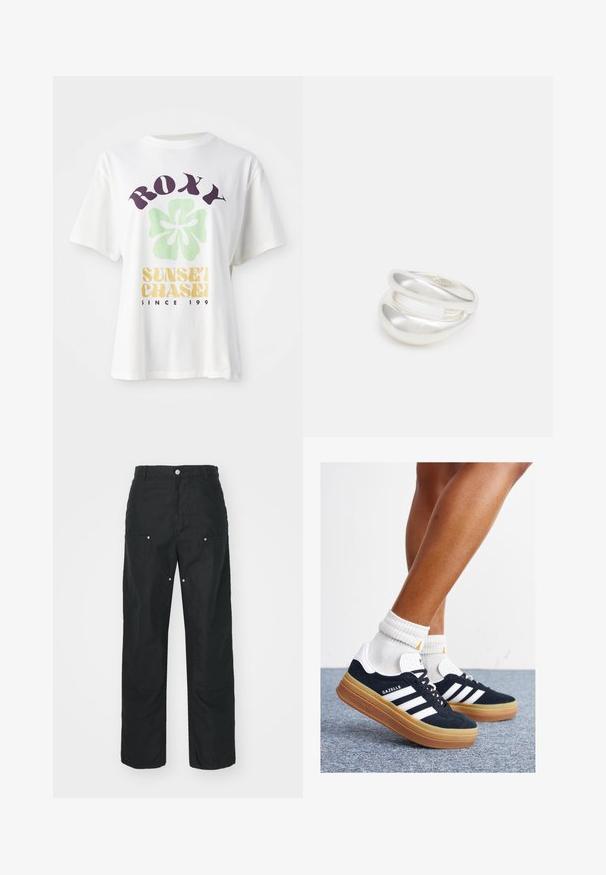 White cotton t-shirt featuring a large purple "ROXY" logo, a green flower design, and "SUNSET CHASE" in yellow, with relaxed short sleeves.; Black trousers with a straight-leg design, made of a textured fabric. Features decorative silver hardware and unique seam detailing.; Black suede sneakers with white stripes and accents, rounded toe, gum rubber outsole, paired with white ribbed crew socks.; Silver double-band ring with a smooth, polished surface. Features a fluid, curved design with overlapping sections for a modern look.