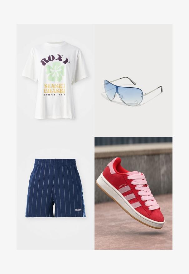 Bela bombažna majica s širokim kratkimi rokavi, ki vsebuje velik vijoličen logo "ROXY", zeleni cvetlični motiv in napis "SUNSET CHASE" v rumeni barvi.; Temno modri kratki hlače z belimi črtami, elastičnim pasom in Adidasovim logotipom. Imajo modre poudarke ob straneh in so narejene iz mešanice bombaža.; Rdeče semaforice iz usnja s rožnatimi poudarki, s tremi belimi črtami in svetlo rožnatimi vezalkami. Bele srednje podplate in gumijasti podplat.; Pilotne sončne očala z gradijentnimi modrimi lečami, srebrnim kovinskim okvirjem in okrasnimi zvezdastimi detajli na lečah. Gladek in eleganten dizajn.