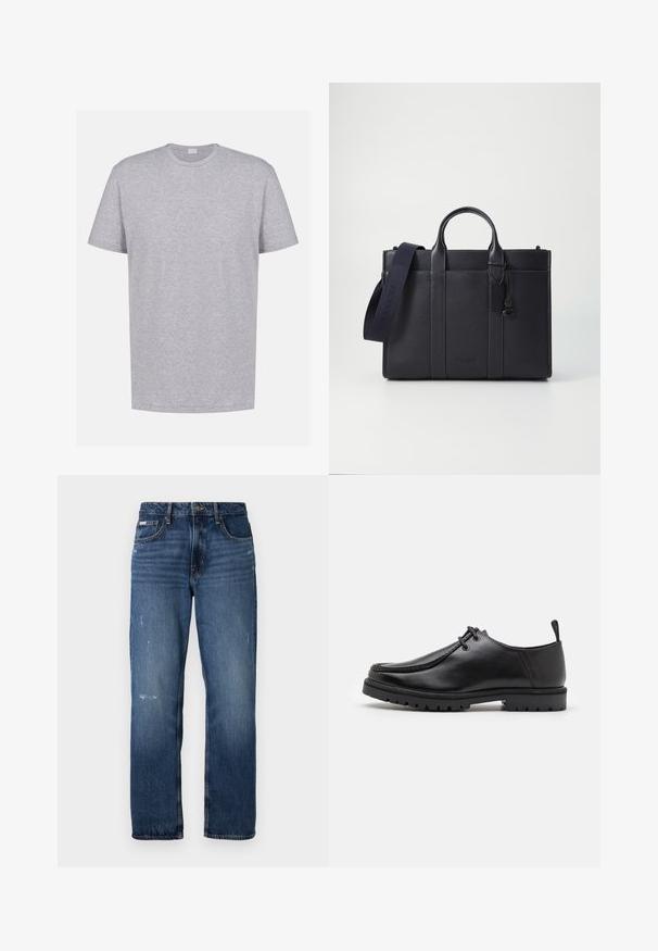 Grijze T-shirt met korte mouwen van een zachte katoenmix. Ronde halslijn en rechte snit zonder patronen of accenten. Standaard pasvorm.; Blauwe denim jeans met een rechte pijpdesign. Bevat vervaagde delen en lichte slijtage aan de voorkant, met een klassieke knoopsluiting.; Zwarte leren veterschoen met een robuuste zool en een aantreklip aan de achterkant, van opzij getoond op een witte achtergrond.; Donkerblauwe leren aktetas met dubbele bovenhandgrepen en een afneembare schouderband. Kenmerkt zich door een gestructureerde afwerking, verticale stiksels en een logo-detail.