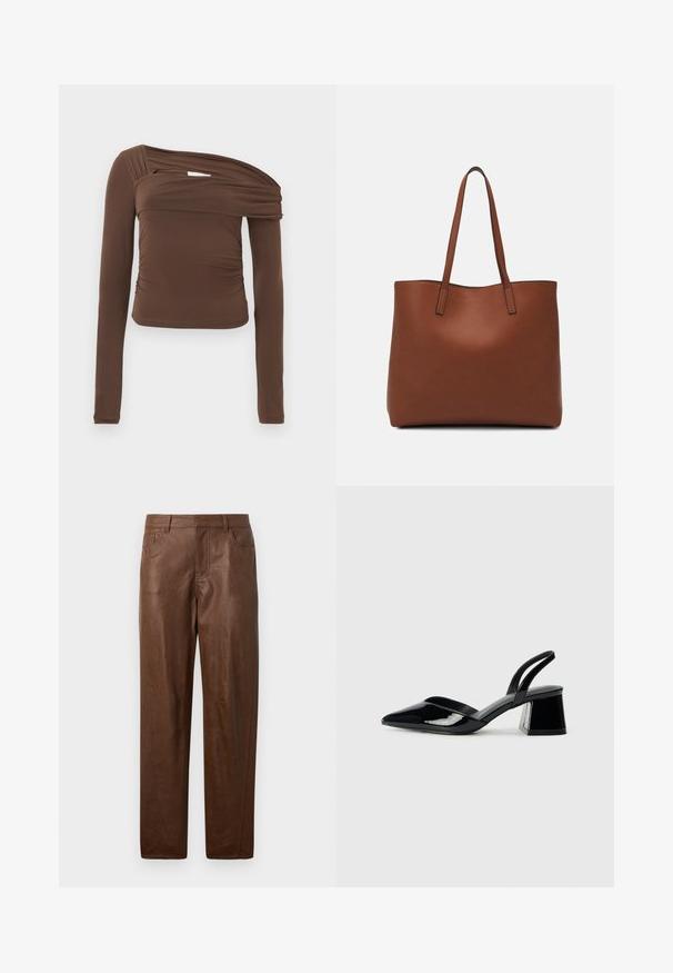 Ruda ilgomis rankovėmis palaidinė su asimetriniu kaklu, susiraukšlėjusia tekstūra ir prigludusia siluetu. Lygus audinys su subtiliu blizgesiu.; Rudos odinės kelnės su glotnia tekstūra, tiesaus kirpimo dizainu ir dviem šoninėmis kišenėmis. Pabrėžti matomi siuvimo detalės.; Juodos lakuotos odinės šlepetės su smailiu pirštu ir geometriniu bloko kulnu. Turi elegantišką, minimalistinį dizainą ir lygų paviršių.; Ruda odinė priekabų krepšys su glotnia tekstūra, atviru viršumi ir dviem petnešomis. Su minimalia siuvimo detalėmis ir nematoma aparatūra.
