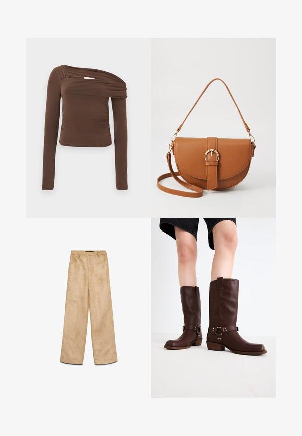 Hnědý dlouhý rukáv top s asymetrickým výstřihem, shromážděnou texturou a přiléhavým siluetou. Hladká tkanina s jemným leskem.; Béžové semišové kalhoty širokého střihu s hladkou texturou, mají přední zapínání na zip, poutka na pásek a dvě boční kapsy.; Hnědé kožené vysoké boty ke kolenům s kulatou špičkou, texturovaným povrchem, řemínkem kolem kotníku a detailem ze stříbrného kovu; na podpatku.; Hnědá kožená křížová taška s zakřiveným tvarem, zlatými detaily a akcentem s přezkou. Obsahuje odnímatelný popruh na rameno.