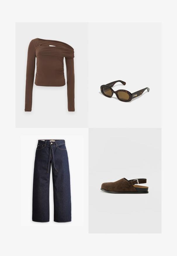 Brown long-sleeve top featuring an asymmetrical neckline, gathered texture, and fitted silhouette. Smooth fabric with subtle sheen.; Wide-leg dark blue denim jeans with a high waist, featuring a drawstring tie, five pockets, and contrasting stitching details.; Brown suede slip-on shoe with a low heel, an adjustable strap with a silver buckle, and a black rubber sole.; Tortoiseshell sunglasses with oval frames, brown tinted lenses, and "Chloé" branding on the arm. Smooth plastic material with glossy finish.; Brown suede hobo bag with a soft, slouchy shape, featuring a single shoulder strap and a subtle seam detail along the edges.