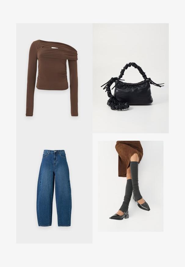 Hnědý dlouhý rukáv top s asymetrickým výstřihem, shromážděnou texturou a přiléhavým siluetou. Hladká tkanina s jemným leskem.; Džínové kalhoty v středně modrém praní, s vysokým pasem, širokým střihem nohavic a standardním designem pěti kapes s viditelnými švy.; Černé lakované boty s špičatou špičkou, blokovým podpatkem a kotníkovým páskem, spárované s šedými žebrovanými návleky na nohy a hnědskou sukní z semiše.; Černá kabelka z umělé kůže s krokodýlím vzorem, staženým vrškem a zmačkaným popruhem. Zdá se, že má měkký a kompaktní design.