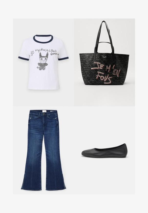 Fehér pamut póló tengerészkék bordás gallérral és ujjakra, fekete és ezüst grafikával egy rajzfilmfigura és szöveg látható.; Sötétkék, trapéz fazonú farmernadrág, amelyek denim anyagból készültek. Magas derekú, elöl zsebekkel és részekkel a szegésnél. Klasszikus, öt zsebes kialakítás.; Fekete bőr balettcipő lekerekített orral, sima tekstúrával, minimális varrással és rugalmas talp kialakítással.; Fekete vászontáska struktúrált anyagból, gyémántmintázattal, vállpántokkal és merész piros-fehér felirattal, ami azt mondja: "JE M'EN FOUS."