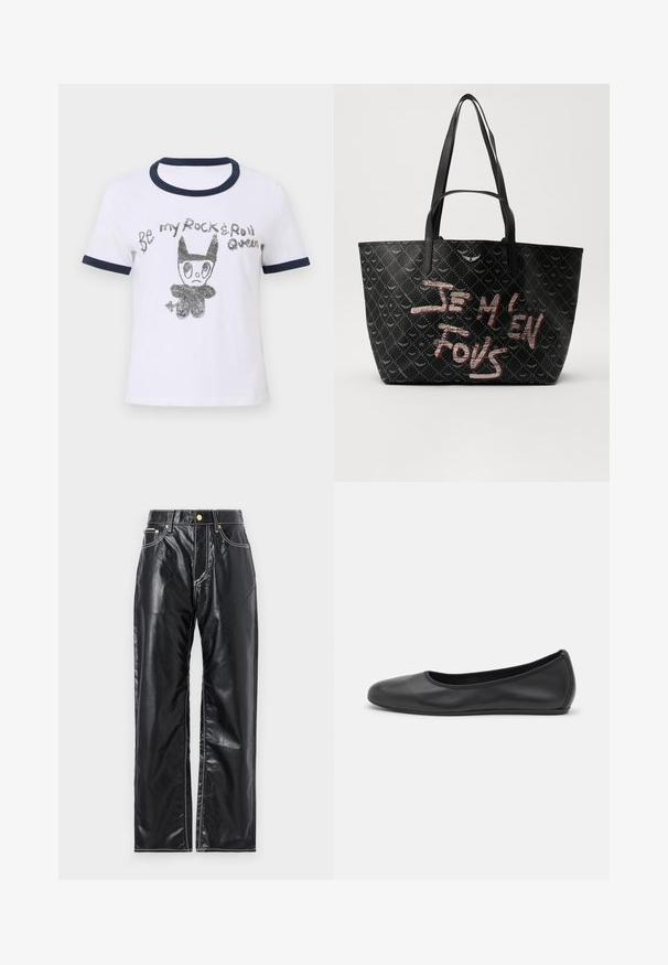 Balts kokvilnas T-krekls ar tumši zilām ribotām apkakli un piedurknēm, ar melnu un sudrabotu grafiku, kurā attēlots karikatūras varonis un teksts.; Melnas mākslīgās ādas bikses ar platu kāju griezumu, kurām ir baltas šuves, priekšējās kabatas un zelta pogas jostasvietā.; Melna ādas baleta kurpe ar noapaļotu purngalu, gludu tekstūru, minimālu šuvju detalizāciju un elastīgu zoles dizainu.; Melna somiņa ar strukturālu materiālu, kas rotāta ar dimanta rakstu, plecu siksnām un drosmīgu sarkanu un baltu tekstu "JE M'EN FOUS."