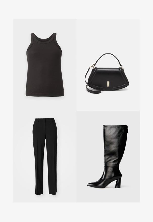 Czarna, prążkowana koszulka na ramiączkach z okrągłym dekoltem i szerokimi ramiączkami. Wykonana z miękkiego, elastycznego materiału, charakteryzująca się dopasowanym krojem.; Czarne spodnie o dopasowanym kroju z prostymi nogawkami, o gładkiej fakturze i wyraźnych zagięciach z przodu. Bez widocznych elementów metalowych.; Czarny skórzany but do kolan z ostro zakończonym noskiem, gładką fakturą i grubym obcasem. Posiada zamek z tyłu.; Czarna skórzana torebka o strukturalnym designie, z przyciętą formą, górnym uchwytem i złotymi akcentami. W zestawie regulowany pasek na ramię.