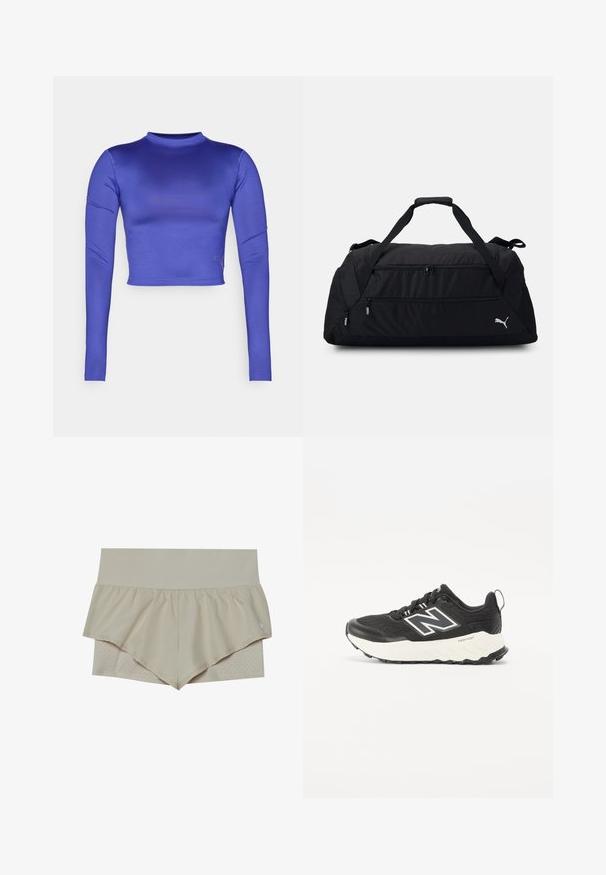 Cropped long-sleeve top in bright purple, featuring a smooth, glossy texture, round neckline, and a subtle embroidered detail at the hem.; Beige athletic shorts with a flared ruffle design, featuring a textured underlayer with perforations. Stretchy waistband for comfort.; Black athletic shoes with a textured fabric upper, contrasting white midsole, and a prominent grey logo on the side. Rubber sole with traction.; Black duffel bag made of durable fabric, featuring dual zip compartments, padded handles, and a white Puma logo on the side.