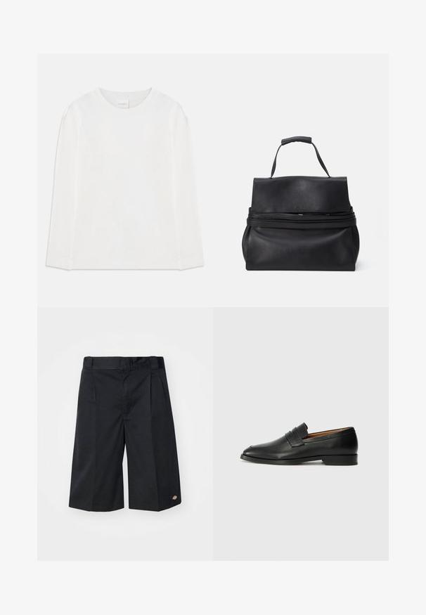 Pitkähihainen valkoinen paita, jossa on pyöreä kaula-aukko ja "CLOSED" -merkki kauluksessa, aseteltuna tasaiseksi valkoista taustaa vasten.; Mustat shortsit, joissa on räätälöity muotoilu, litteät etutaskut, normaali vyötärö ja sivutaskut. Valmistettu kestävästä kankaasta.; Musta nahkainen loafer, jossa on pyöreä kärki, hienovarainen ommelkoristelu ja matala korko, joka on varustettu sileällä pinnalla ja minimalistisella designilla.; Mustan nahkainen käsilaukku, jossa on jäsennelty muotoilu. Laukussa on yläkahva, vetoketjukiinnitys ja sileä pinta. Yksinkertainen logoa korostaa etupintaa.