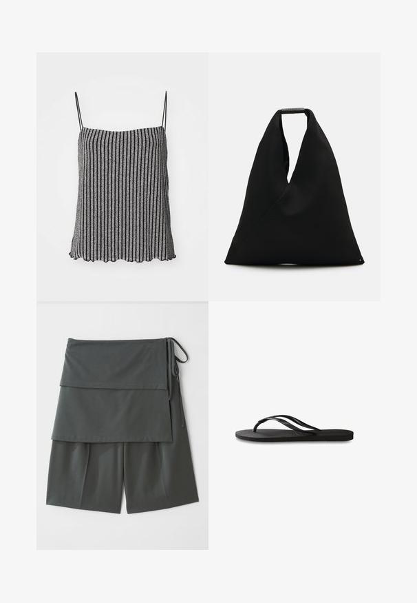 Černá a stříbrná pruhovaná tílko s tenkými nastavovacími ramínky, včetně měkké, strukturované látky a výstřihu s vlnitým okrajem.; Tmavě šedé unisex šortky s vrstveným designem, které mají horní panel a zavazování na straně. Vyrobeny z hladké, lehké tkaniny.; Černé žabky s texturovanou gumovou podrážkou, dvěma štíhlými popruhy a jemným, embosovaným logem na popruhu.; Černá taška z látky s jedinečným designem ve tvaru V a hladkou strukturou. Obsahuje krátké ucho s minimalistickým kováním.