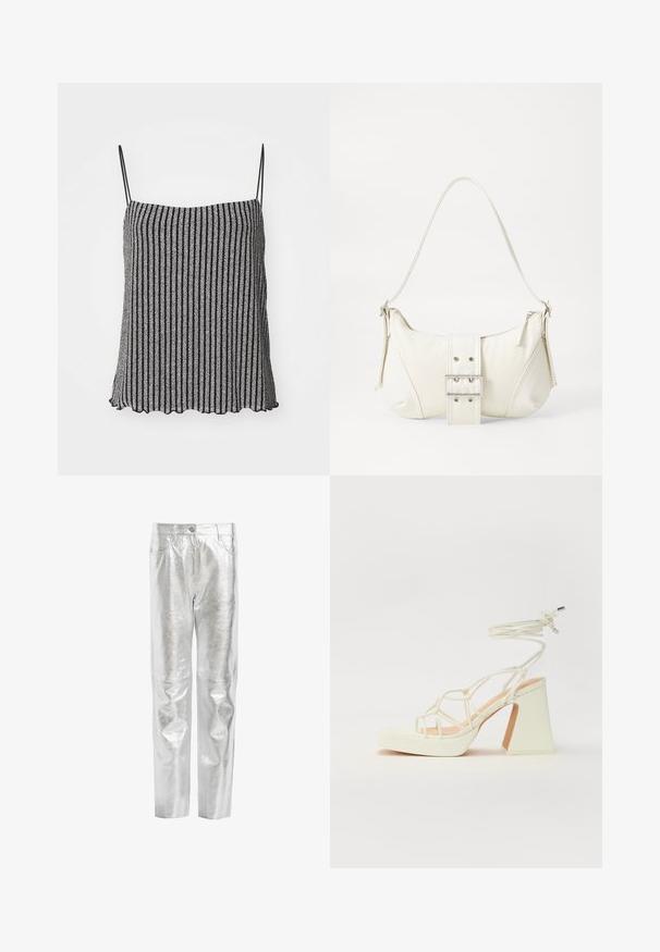 Čierna a strieborná pruhovaná tielko s tenkými nastaviteľnými ramienkami, vyrobené z jemnej textúrovanej tkaniny a s vlnitým lemom.; Strieborné kovové džínsy s lesklým povrchom, s rovnými nohavicami, piatimi vreckami a predným zapínaním na gombík.; Biele sandále na vysokom opätku s hrubým podpätkom, s pruhovaným dizajnom a viazaním na členku. Hladký povrch s platformou vpredu pre zvýšenú výšku.; Biela taška cez rameno s textúrovaným povrchom, centrálnou prackou a zakriveným tvarom. Zipsy na oboch stranách.