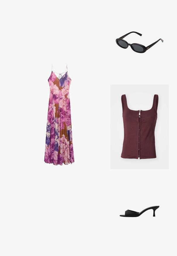 Bordeaux mouwloze top van zachte stof, met een ronde hals en een voorkantsluiting met zilverkleurige hardware en contrasterende stiksels.; Florale maxi-jurk met een mix van paarse en bruine tinten, lichtgewicht stof, dunne spaghetti-bandjes en een vloeiende silhouette.; Zwarte hakken mules met een brede, open teen en een gebogen bovenkant. Gemaakt van textuurstof, met een slanke hak en een gladde zool.; Zwarte oversized zonnebril met ovale lenzen, een glad plastic montuur en gouden accenten op de pootjes. Donkere lenzen bieden bescherming tegen de zon.; Geweven stro handtas met bamboe handvatten, met een textuur franje ontwerp in natuurlijk beige en een gouden ketting schouderband.