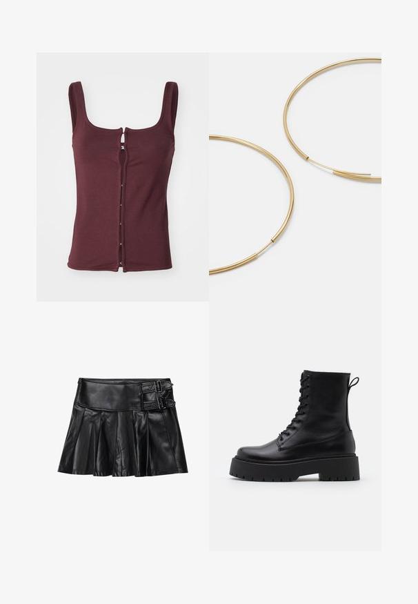 Bordo bešvarkis, pagamintas iš minkštos medžiagos, su apvaliu iškirpimu ir priekiniais užtrauktukais su sidabro spalvos detale bei kontrastinėmis siūlėmis.; Juodas odinis sijonas su kiekiais, platus liemuo ir dvi sagties detalės šone. Lygi tekstūra su blizgiu paviršiumi.; Juodos odinės aulinukės su apvalia nosimi, raišteliais priekyje ir storesniu guminio pado apačioje su tekstūruotu raštu. Priekyje yra kilputė.; Aukso spalvos žiedo auskarai, ploni ir apvalūs, su lygiu metaliniu paviršiumi be papuošimų ar raštų.