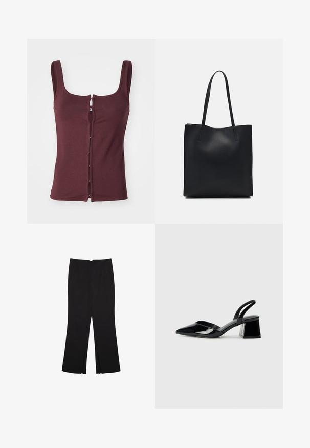 Bordeaux mouwloze top van zachte stof, met een ronde hals en een voorkantsluiting met zilverkleurige hardware en contrasterende stiksels.; Zwarte broek met een rechte pasvorm, voorzien van zijzakken en plooien aan de onderzijde. Gemaakt van zachte, gladde stof. Geschikt voor verschillende gelegenheden.; Zwarte gepatineerde leren slingback hakken met een spitse neus en een geometrische blokhak. Kenmerkt zich door een slank, minimalistisch ontwerp en een gladde textuur.; Zwarte leren handtas met een gladde textuur, rechthoekige vorm en twee lange handvaten. Geen zichtbare hardware of versieringen.