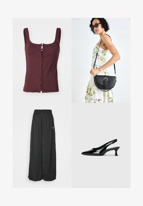 Burgundy sleeveless top made of soft fabric, featuring a scoop neck and a front closure with silver hardware and contrasting stitching.; Black loose-fitting track pants made of smooth fabric. Features an elastic waistband and side stripes with logo accents.; Black patent leather slingback shoes with a pointed toe and low block heel. Adjustable buckle strap at the ankle.; Black leather handbag with a curved shape, detachable strap, and gold hardware. The bag features a flap with a buckle detail.