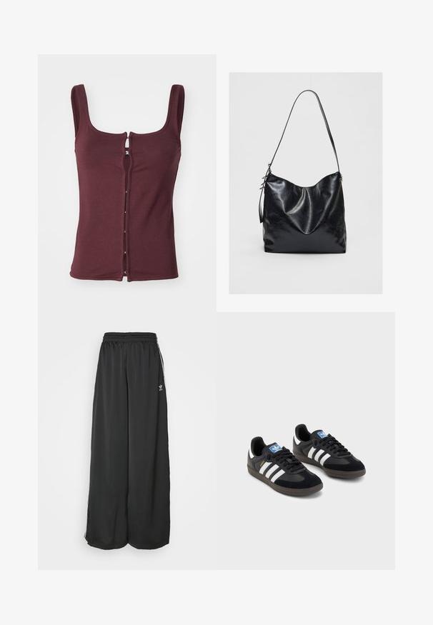 Bordový bezramínkový top vyrobený z měkké tkaniny, s výstřihem do lodi a předním zapínáním se stříbrnými doplňky a kontrastním prošíváním.; Černé volné sportovní kalhoty vyrobené z hladké tkaniny. Mají elastický pas a boční pruhy s logem.; Černé tenisky s vrškem z semiše a syntetického materiálu, s třemi bílými pruhy, texturovanou gumovou podrážkou a modrou nášivkou loga na jazyku.; Černá kožená kabelka přes rameno s měkkým, texturovaným povrchem. Má zakřivený design a jeden nastavovací popruh. Bez dalšího kování.