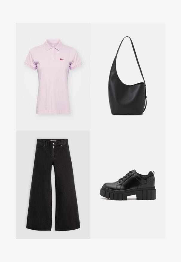 Polo de cor roxa clara feito de algodão. Apresenta um colarinho clássico, mangas curtas e um pequeno logótipo vermelho da Levi's no lado esquerdo do peito.; Calças de ganga de perna larga em denim preto com fecho éclair à frente, design de cinco bolsos e detalhes de costura subtil. Textura suave e estilo casual.; Sapatos de plataforma em couro preto com um salto bloco robusto, bico redondo e design clássico de atacadores. Apresentam uma textura suave e detalhes mínimos.; Saco hobo preto em pele com uma textura lisa, forma curva e uma única alça ajustável; apresenta uma abertura larga na parte de cima.