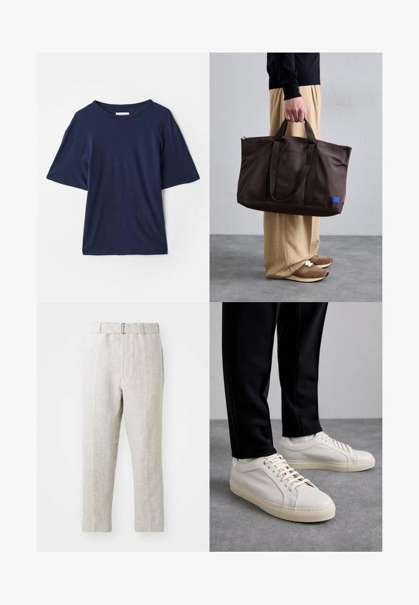 Marinblå oversized t-shirt i mjukt tyg, med rund halsringning och korta ärmar samt en avslappnad passform. Inga synliga mönster eller detaljer.; OFFICINE GENERALE HOCHE NATURAL - Chinos - natural; Ljust beige läder sneakers med platta snören, en strukturerad yta och en kontrasterande gummisula i krämfärg, parat med svarta avsmalnande byxor.; Brun nylon toteväska med dubbla handtag, dragkedjestängning och en blå logotypplåster. Slät textur, strukturerad design, rymligt inre.