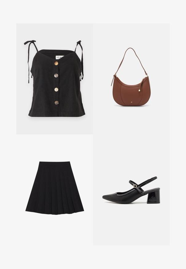 Black linen camisole with a V-neck, adjustable tie straps, and five prominent buttons in various materials down the front.; Black pleated skirt made of textured fabric with a fitted waistband. Falls to knee length, featuring a smooth, clean silhouette.; Black patent leather slingback heels with a pointed toe, a rounded cutout design, and a block heel. Features a gold-tone buckle accent.; Brown faux leather shoulder bag with curved shape, minimal stitching, and a gold-tone hardware accent. Features a top zipper closure and adjustable strap.