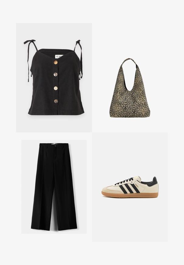 Crni laneni top s V-izrezom, podesivim vezicama i pet istaknutih dugmadi različitih materijala duž prednje strane.; Crne široke hlače izrađene od lagane tkanine, s prednjim zatvaranjem na dugme i ravnim prednjim dijelom, sa uredno šivenim rubovima.; Bež sportski cipela s crnim prugama, gumeni potplat i crni dodaci. Ima glatku kožnu gornju stranu i dizajn s zaobljenim vrhom.; PULL&BEAR Velika torba - mottled dark brown