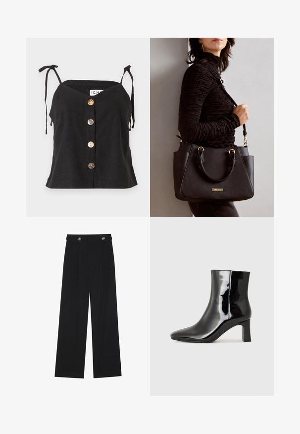 Čierna ľanová tielko s V-výstrihom, nastaviteľnými šnúrkami a piatimi výraznými gombíkmi rôznych materiálov na prednej strane.; Čierne široké nohavice s vysokým pásom, so zapínaním na gombíky na páse a prednými sklady.; Čierne lakované členkové topánky s špicatou špičkou a stredne vysokým blokovým podpätkom. Hladká textúra a minimalistický dizajn.; Čierna kabelka s textúrovaným povrchom, dvojitými hornými rúčkami a nastaviteľným ramenným popruhom. Obsahuje zlaté kovanie a bočné vrecká.