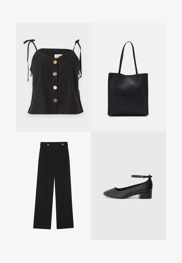 Camisola nera in lino con scollatura a V, spalline regolabili e cinque bottoni evidenti di vari materiali lungo il fronte.; Pantaloni neri a gamba larga con vita alta, dettagli con bottoni in vita e pieghe frontali.; Pump in pelle nera con punta affusolata e tacco basso a blocco. Presenta una cinghia alla caviglia con una fibbia in tonalità oro. Texture liscia.; Borsa tote in pelle nera con texture liscia, forma rettangolare e due manici lunghi. Nessun hardware o decorazione visibile.