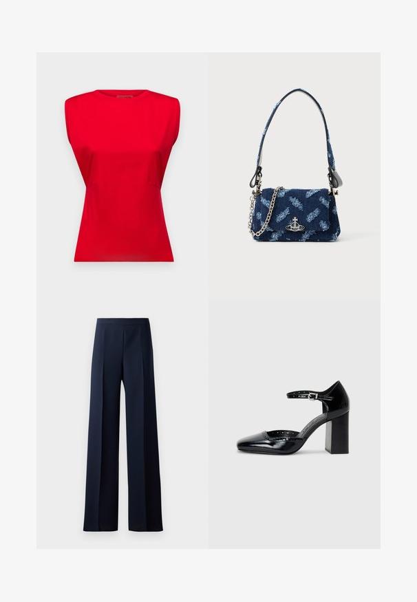 MAX&Co. PRIAMO - Topp - rot; Laiad püksid tumesinises kangas, millel on sile tekstuur, peened esiplekid ja istuv vöökoht, mis loob sujuva silueti.; Mustad lakknahk kingad kõrge kontsaga, ruudukujulise varbaga, pahkluu rihmaga ja paksu kontsaga. Sisaldab perforatsioonidega detaile ääres.; Tumesinise kangaga käekott, millel on tekstuuriga disain, hõbedased detailid ning eemaldatav kettrihm. Omab klapiga sulgemist ja logo aktsenti.