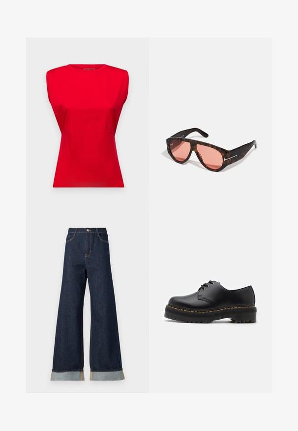 MAX&Co. PRIAMO czerwony; Szerokie ciemnoniebieskie dżinsy z pomarańczowymi przeszyciami, z wysokim stanem, dwoma przednimi kieszeniami i podwiniętymi nogawkami, które odsłaniają jasnoniebieski kontrastujący materiał.; Czarne skórzane buty na sznurówki z zaokrąglonym noskiem, grubą czarną gumową podeszwą oraz żółtym przeszyciem wzdłuż krawędzi. Posiadają gładką teksturę i solidną konstrukcję.; Okulary przeciwsłoneczne w szkielecie w kształcie tortoise z różowymi soczewkami, charakteryzujące się odważnym, kątowym designem oraz cienkimi, srebrnymi akcentami na oprawkach.