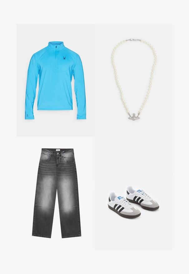 Spyder GRIDWEB 1/2 ZIP - Langarmshirt - aether blue; Schwarze Jeans mit weitem Bein aus Denim mit einem verblassten grauen Finish, ausgestattet mit Fronttaschen, einem Knopfverschluss und leichten Abnutzungserscheinungen an den Knien.; Sportschuhe mit einem Obermaterial aus weißem Leder, grauer Wildleder-Zehenkappe und drei schwarzen Streifen. Sie verfügen über ein blaues Logo auf der Zunge und eine strukturierte Gummisohle.; Perlenhalskette mit einem silberfarbenen Verschluss. Sie zeichnet sich durch runde weiße Perlen und ein dekoratives, mit Strasssteinen besetztes Mittelstück aus.