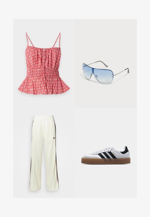 Punane mustriga topp õhukeste rihmadega, millel on kogutud bodice ja peplum serv. Lilleline ja triibuline disain kergel kangal.; Kreemivärvi lõdvalt istuvad dressipüksid, mis on varustatud tumeda pruuniga külgtriipudega ja vasakul reiel tikitud logoga.; Valged nahast tossud mustade triipudega, kummist välistald, ümmargune nina, seotud sulgemine ja pehme hall suede ninaosa.; Aviatori prillid, millel on gradient sinine objektiiv, hõbedane metallraam ja dekoratiivsed staaraktsendid objektiivil. Sujuv ja stiilne disain.