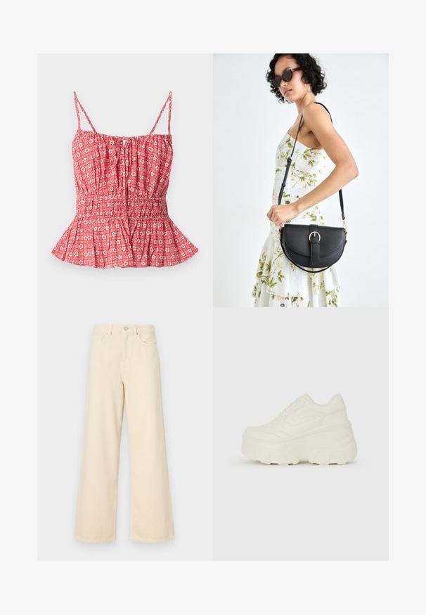 Top roșu cu un model geometric, cu bretele subțiri, având un bust plisat și un tiv peplum. Design floral și cu dungi pe un material ușor.; Blugi bej cu croi larg, din bumbac. Au închidere cu nasture, bucle pentru curea și buzunare frontale, cu o textură netedă și moale.; Adidași platformă albi, cu un superior neted asemănător cu pielea, formă rotunjită, guler căptușit și talpă din cauciuc texturată cu borduri bine definite.; Geantă din piele neagră, cu o formă curbată, curea detașabilă și accesorii aurii. Geanta are un capac cu un detaliu tip cataramă.