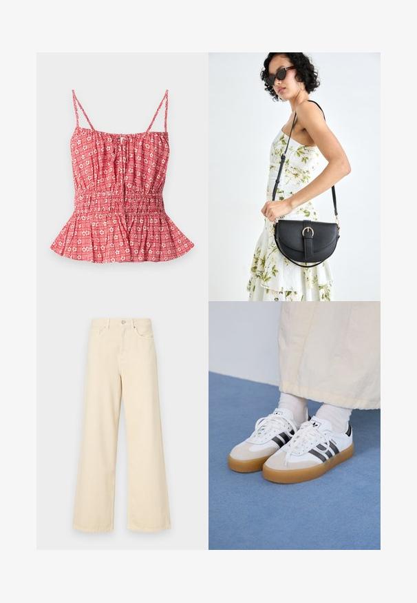 Haut rouge à motif avec des fines bretelles, présentant un buste froncé et un ourlet en peplum. Motif floral et rayé sur un tissu léger.; Jean large beige en coton. Doté d'une fermeture à bouton, de passants de ceinture et de poches avant avec une texture douce et lisse.; Baskets blanches avec des rayures noires et des accents en daim beige. Elles présentent une semelle en gomme texturée et des lacets plats blancs, portées avec des chaussettes claires.; Sac à main en cuir noir avec une forme courbée, bandoulière amovible et des accessoires en or. Le sac est doté d'un rabat avec un détail de boucle.