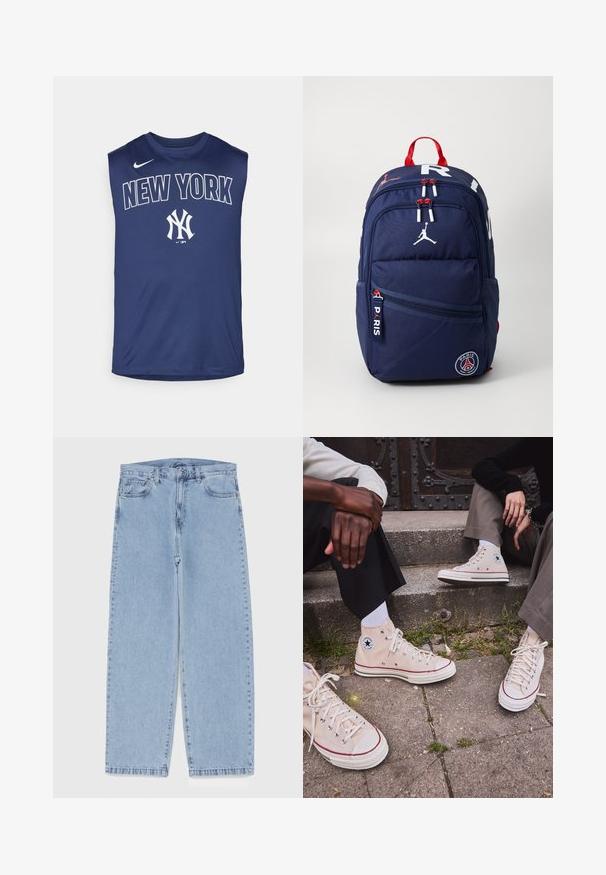 Námornícky bezrukávový dres vyrobený z ľahkého materiálu, so slovami "NEW YORK" v tučných bielych písmenách a športovým logom NY uprostred.; Svetlomodré denimové džínsy s rovnými nohavicami, s polovysokým pásom, piatimi vreckami a zapínaním na gombík a zips.; Béžové vysoké plátenné tenisky s červeným pruhom, bielou gumovou podrážkou a kovovými očkami, s ikonickým logom hviezdy na boku.; Námořní batoh s červenými akcenty, více zipovými přihrádkami, logovými nášivkami a nastavitelými popruhy. Vyrobený z odolné tkaniny.