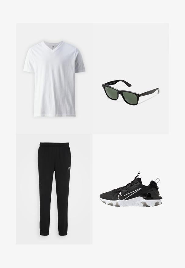 Short-sleeve, V-neck white T-shirt made of cotton. Features a plain design with a smooth texture and a relaxed fit.; Black sweatpants with an elastic waistband, cuffed ankles, and a small white Nike logo on the left side. Made from soft textured fabric.; Black athletic shoe with a textured fabric upper, white Nike swoosh, and thick white sole. Features a pull tab on the heel for easy wear.; Black plastic sunglasses with green lenses, square frames, silver accent on the brow, and textured temple arms. Stated brand on inner arm.