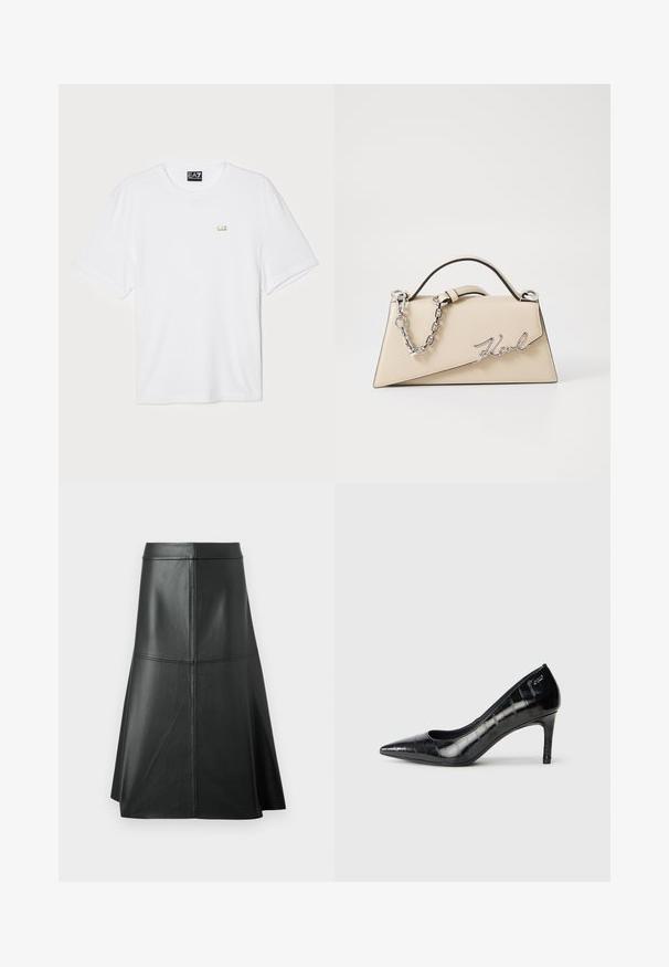 Vit bomull t-shirt med kort ärm, rundad halsringning, med en liten gul EA7-logotyp på vänster bröstområde.; Svart läder A-linje kjol, slät textur, knälång, har horisontell sömnadsdetalj i midjan och sömmarna för extra struktur.; Svarta spetsiga högklackade skor med glansig yta och subtilt mönster. Har en måttlig klack och öppen halsdesign.; Beige läderhandväska med en strukturerad, triangelformad design, med ett silverkedjehandtag och en kursiv logotyp i metall.