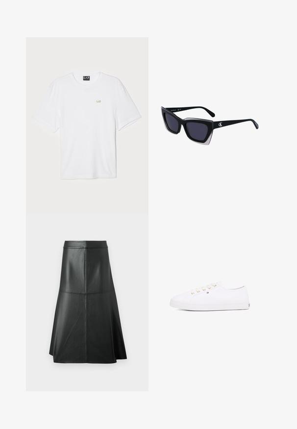 White cotton t-shirt with short sleeves, crew neckline, featuring a small gold EA7 logo on the left chest area.; Black leather A-line skirt, smooth texture, mid-calf length, features horizontal stitching detail at the waist and seams for added structure.; White canvas sneaker with gold eyelets, flat laces, textured rubber sole, and minimal branding on the side. Low-profile design.; Black oversized sunglasses with a geometric shape, featuring dark lenses and a contrasting grey detail on the frame. Logo on the arm.