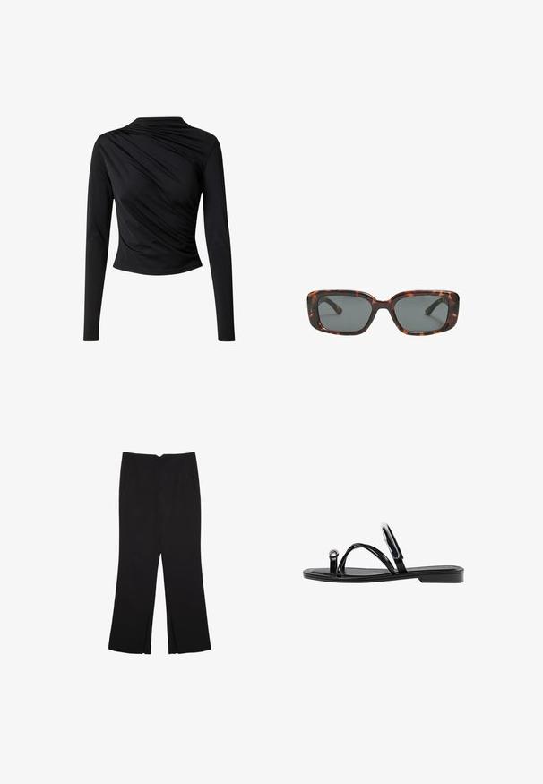 EDITED OMARA - Langarmshirt - schwarz; Schwarze Hose mit geradem Schnitt, ausgestattet mit Fronttaschen und Seitenschlitzen am Saum. Hergestellt aus weichem, glattem Stoff. Geeignet für verschiedene Anlässe.; Schwarze flache Sandalen mit glänzender Oberfläche, drei dünnen Riemen und einem runden Hardware-Detail an den Zehen. Elegantes Design mit einem minimalen Absatz.; Sonnenbrille im Schildpatt-Design mit rechteckigen Gläsern, dicken Rahmen und dunkelgetönten Gläsern. Glatte Textur und minimalistisches Design.