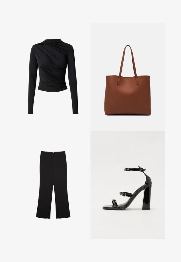 EDITED OMARA - Longsleeve - schwarz; Zwarte broek met een rechte pasvorm, voorzien van zijzakken en plooien aan de onderzijde. Gemaakt van zachte, gladde stof. Geschikt voor verschillende gelegenheden.; Zwarte patent lederen sandalen met hoge hakken, twee gespenbanden, een vierkante neus en een stevige blokhak, met een gladde, glanzende textuur.; Bruine leren tote bag met een gladde textuur, een ontwerp met een open bovenkant en twee schouderbanden. Kenmerkt zich door minimale stiksels en geen zichtbare hardware.