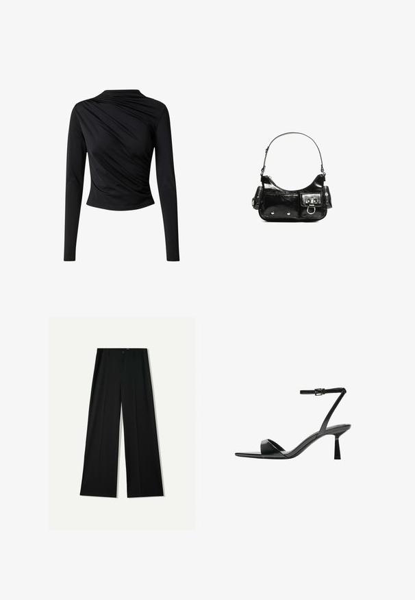 EDITED OMARA - Langarmshirt - schwarz; Bershka WIDE - Stoffhose - black; Bershka High Heel Sandalette - black; Schwarze Lackleder-Handtasche mit geschwungenem Design, einem Schulterriemen, Vordertaschen und silberfarbenen Hardware-Akzenten.