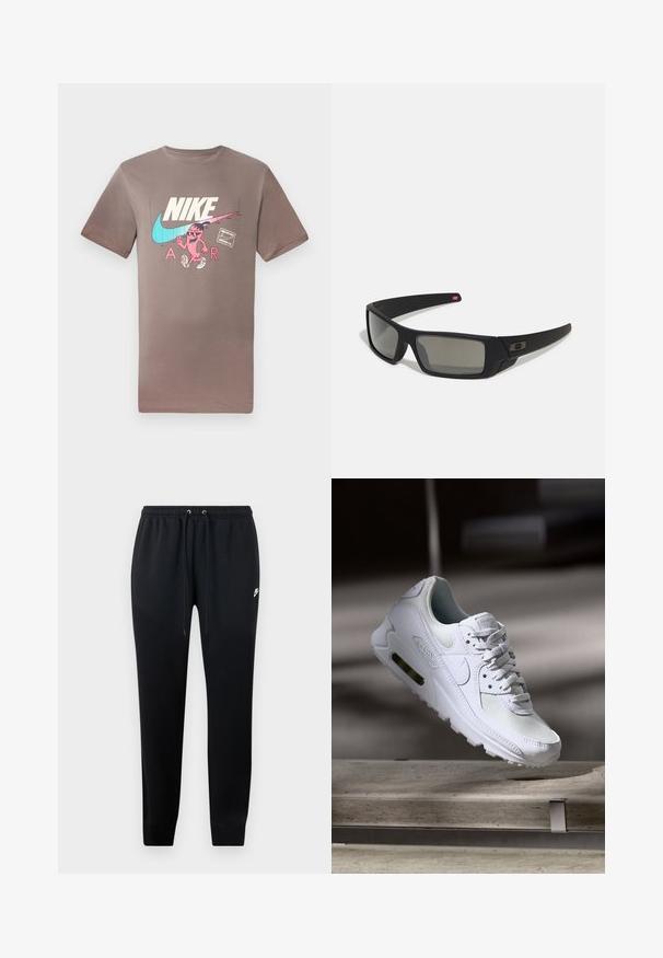 T-shirt de algodão castanho com um gráfico colorido de um personagem com óculos de sol, ao lado dos logos da Nike e da Air em cores contrastantes.; Calças de moletom pretas feitas de um tecido macio, com uma cintura elástica e cordões, punhos nas pernas e um pequeno detalhe do logo de lado.; Sapatilha Nike Air Max 90 branca com parte superior em malha e couro, caixa de dedos perfurada e uma unidade de ar visível no calcanhar.; Óculos de sol pretos com acabamento mate, lentes retangulares, leve curvatura nas hastes, detalhe sutil do logo e lentes de cor fumada.