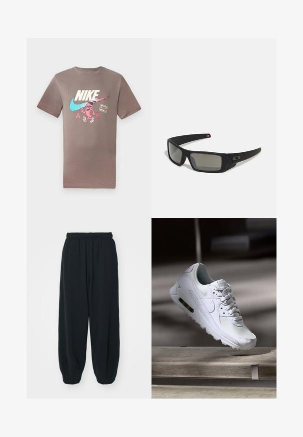 Brun bomulls t-skjorte med et fargerikt grafisk trykk av en karakter med solbriller, sammen med Nike- og Air-logoene i kontrasterende farger.; Sorte, joggebukser med elastisk liv, løs passform, mansjetter på ankler, glatt tekstur og uten synlige mønstre eller hardware-detaljer.; Hvit Nike Air Max 90 sneakers med øvre del laget av mesh og skinn, perforert tåboks og en synlig luftenhet i hælen.; Sorte solbriller med mat finish, rektangulære linser, lett kurv på brillestengene, diskret logo detaljer, og røyktinted linser.