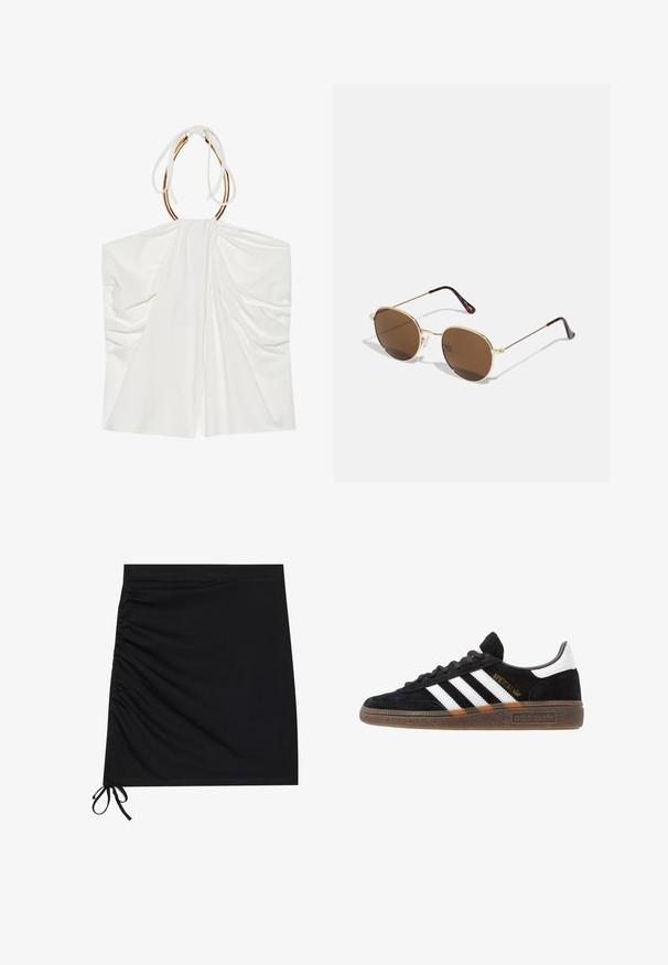 Top alb fără mâneci, cu țesătură dublată, guler de tip halter strâns și detalii metalice de ton auriu. Textură moale și design ușor, fluid.; Fustă mini neagră dintr-un material moale, cu pliere laterală și șnururi la tiv. Textură fină cu o siluetă ajustată.; Sneaker Adidas negre cu dungi albe, text aurit "Spezial", talpă din cauciuc și tab de călcare alb, prezentat din vedere laterală.; Ochelari de soare din metal auriu cu lentile rotunde, de culoare maro. Dispun de brațe subțiri cu un model de țestoasă la vârfuri. Include tampoane pentru nas transparente.