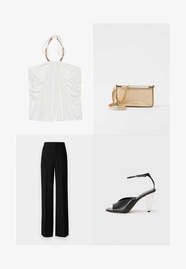 Bela brezrokavna majica z drapirano tkanino, zategnjenim ovratnikom in detajli iz zlatega tona. Mehka tekstura in lahkoten, tekoč dizajn.; Črne široke hlače z gladko teksturo, z visokim pasom in središnjimi pregibi. Brez vidnih vzorcev ali kovinskih detajlov.; Črne usnjene sandale s peto, odprto toe, asimetričnim dizajnom, zaponko okoli gležnja in kovinsko stožčasto peto. Gladka tekstura po celotni površini.; Metalna zlata usnjena torbica z teksturirano površino, opremljena z zlatim verižnim ročajem in odstranljivim naramnim trakom. Logotip blagovne znamke je vtisnjen.