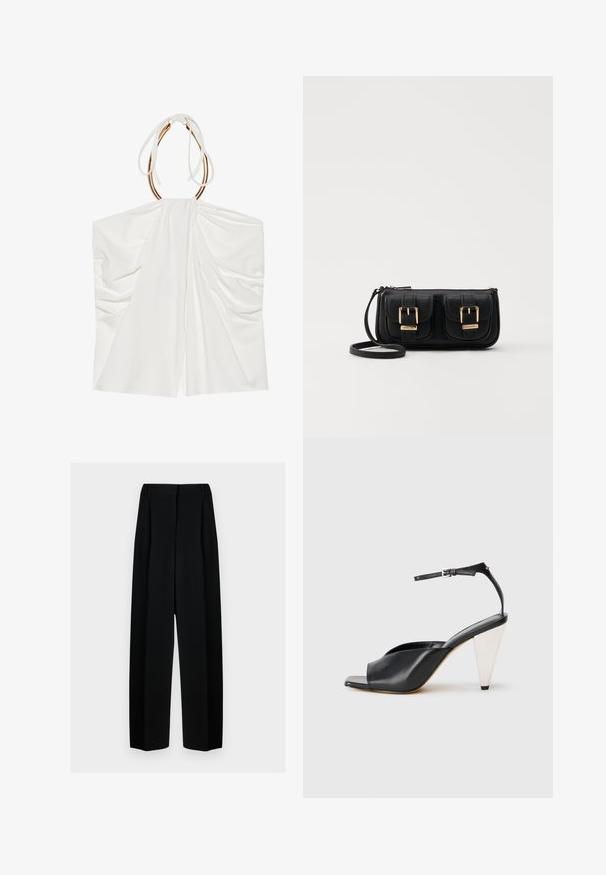 White sleeveless top with draped fabric, a cinched halter neck, and gold-tone hardware details. Soft texture and light, flowing design.; Black wide-leg trousers with a high waist, featuring pleats and a smooth texture. The fabric appears lightweight and drapes elegantly.; Black leather high heel sandal with open toe, asymmetrical design, ankle strap, and a metallic cone-shaped heel. Smooth texture throughout.; Black leather crossbody bag with two front pockets, gold buckles, zipper closure, and a slim strap. Textured surface and compact rectangular shape.
