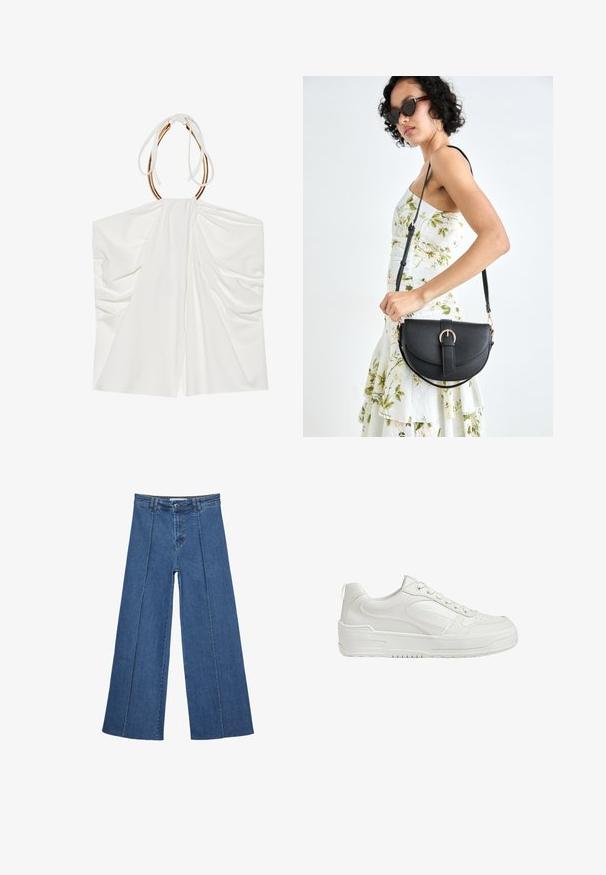 Biela bezrukávová blúzka s drapovaným materiálom, doplnená stiahnutým halter krkom a detailmi zlatého kovu. Mäkká textúra a ľahký, voľný dizajn.; Rovné džínsy s širokými nohavicami v strednom modrom odtieni, so zvýšeným pásom, zapínaním na gombík a kontrastnými vertikálnymi švami pozdĺž prednej strany.; Biele kožené tenisky s hladkým povrchom, polstrovaným členkom a perforovanou špičkou. Majú mierne zvýšenú gumovú podrážku a šnurovací dizajn.; Čierna kožená kabelka s zaobleným tvarom, odnímateľným popruhom a zlatými doplnkami. Kabelka má klopu s detailom s prackou.