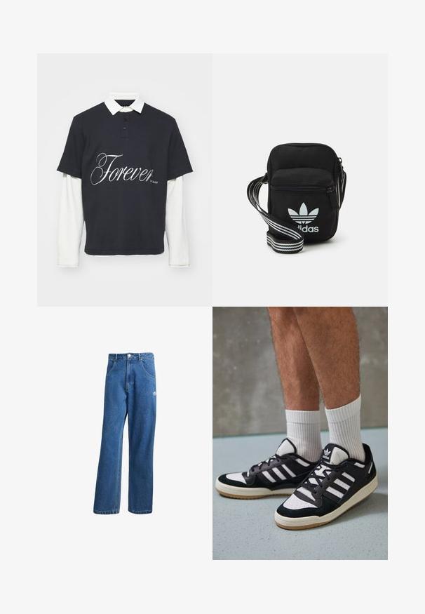 Laivasto sininen lyhythihainen polo, jossa on valkoinen kaulus ja näyttävä "Ikuisesti" -grafiikka valkoisena. Aluskerros on pitkähihaisista ja valkoinen.; Siniset korkeavyötäröiset leveälahkeiset farkut, joissa on etupussit, vyölenkit, napitus ja pieni Adidas-logo oikeassa reidessä.; Valkoiset ja mustat tennarit, joissa on mokkanahka- ja nahkapäällinen, kolme valkoista raitaa, rei'itetty kärki ja kumipohja.; Musta kangas olkalaukku vetoketjulla, jossa on valkoinen Adidas-logo ja raidallinen säädettävä hihna helppoa kantamista varten.