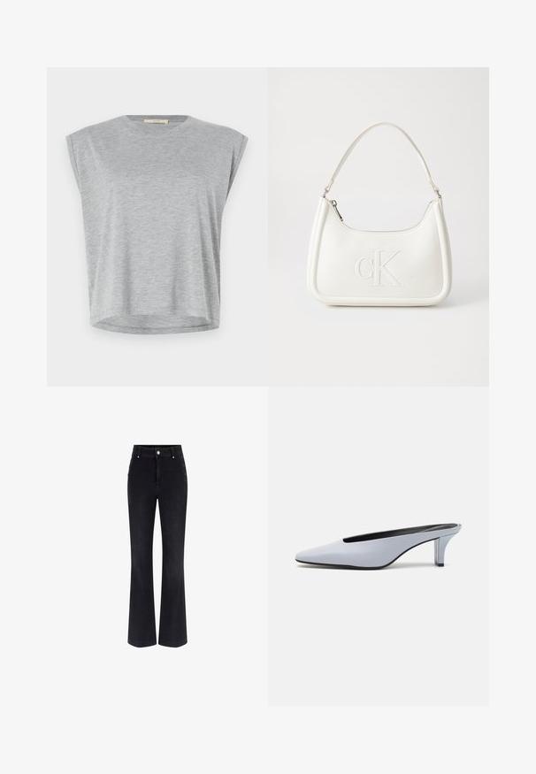 Maglietta grigia a maniche corte realizzata in tessuto morbido. Presenta un collo rotondo e cuciture delle spalle scese con un orlo leggermente curvo.; Jeans a zampa d'elefante in denim nero con vita alta, design a cinque tasche e dettagli metallici sui lati. Tessuto morbido e vestibilità classica.; Mule in pelle lucida blu chiaro con punta affusolata, tacco trasparente basso e design elegante caratterizzato da un'apertura sulla parte superiore.; Borsa a tracolla in pelle bianca con forma curva, dotata di un logo "CK" impresso sul davanti e una singola tracolla. Chiusura a zip nella parte superiore.