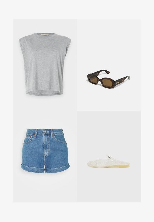 Graues kurzärmliges Oberteil aus weichem Stoff. Hat einen Rundhalsausschnitt und heruntergesetzte Schulternähte mit einem leicht abgerundeten Saum.; Hellblaue, hoch taillierte Denim-Shorts mit umgeschlagenem Saum, fünftäschigem Design und Metallknopfverschluss mit kontrastierendem Stich.; Transparenter Kunststoff-Schlupfschuh mit einem Gittermuster, runder Zehenpartie und einem kleinen silbernen Akzent an dem Riemen. Flexibler, durchsichtiger Sohlen. ; Schildpatt-Sonnenbrille mit ovalen Fassungen, braunen getönten Gläsern und "Chloé"-Markierung am Bügel. Glattes Kunststoffmaterial mit glänzender Oberfläche.