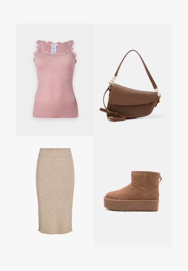 Rausvas gipiūras tankinis su raukšlėtiniu dizainu, puoštu nėriniu aplink kaklo ir rankovių kraštus, ir išlenkta forma, su matomu etikete ant nugaros.; Šviesiai kreminės spalvos megzta sijonas su vertikaliu raukšlėtu tekstūru, iki kelių ilgio, su elastingu juosmeniu ir tiesiu kirpimu.; Smėlio spalvos zomšiniai kulkšninių batai su platformos padu, apvaliu nosiu ir siuvinėjimo akcentais; turi kilpos užpakalinėje dalyje, kad būtų lengviau užsidėti.; Ruda odinė petinė kuprinė su tekstūrine apdaila, išlenkta forma, auksinės spalvos aksesuarai, reguliuojama juosta ir dangtis.