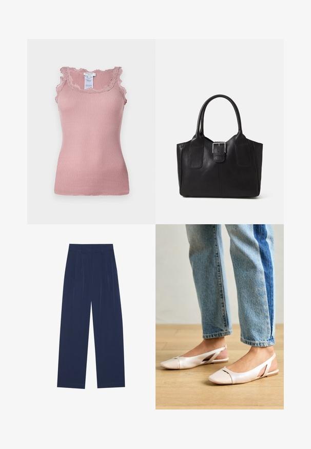 Ribbete rosa tanktop med blondekant langs halsen og armhullene, med en tettsittende design og en etikett synlig bak.; Marineblå bukser med vide ben laget av mykt stoff, med frontfolder, en glatt tekstur og en rett passform uten synlige lommer.; Lys rosa slingback leiligheter med spiss tå, laget av et glatt, læraktig materiale. Har utskjæringer på sidene og lav hæl.; Svart skinn toteveske med jevn tekstur, strukturert form, to håndtak og en fremtredende sølvspenne foran.